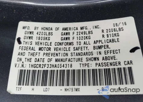 2017 Honda Accord Lx z USA, uszkodzony, nr VIN 1HGCR2F33HA054318